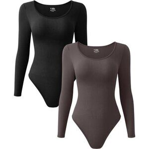 2 Piece Bodysuits Sexy Ribbed Long Sleeve Round Neck Stretch Tops Bodysuits